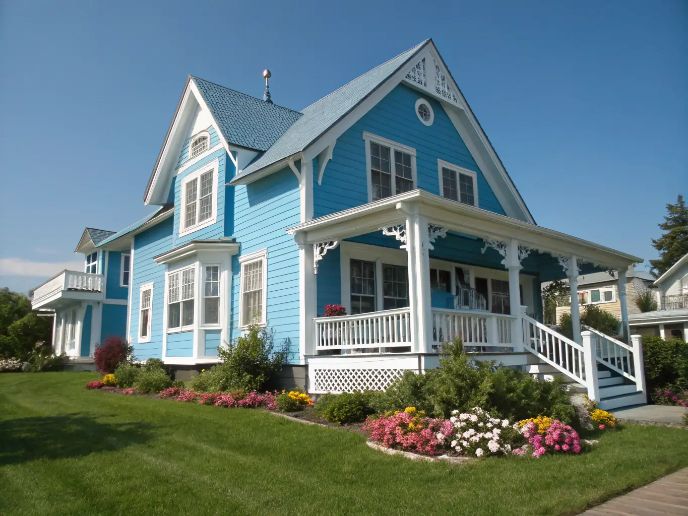 An exterior shot of a house with newly painted siding and trim, demonstrating a clean and vibrant finish.