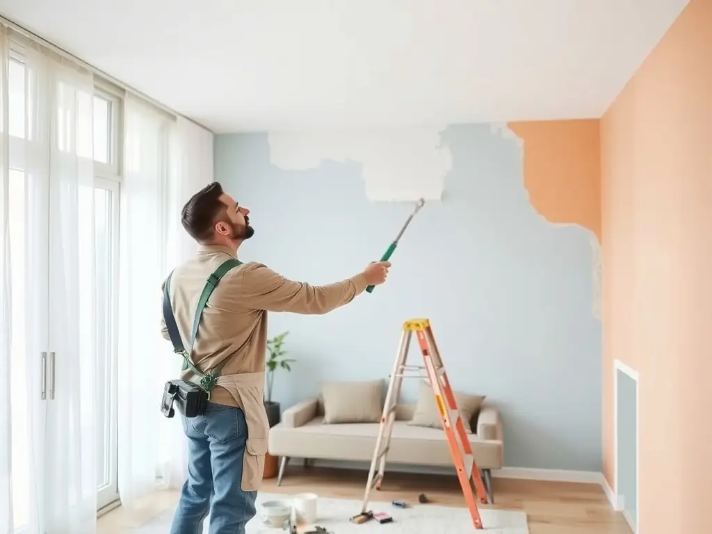 A painter carefully applying a fresh coat of paint to the interior wall of a living room, showcasing attention to detail and smooth finish.