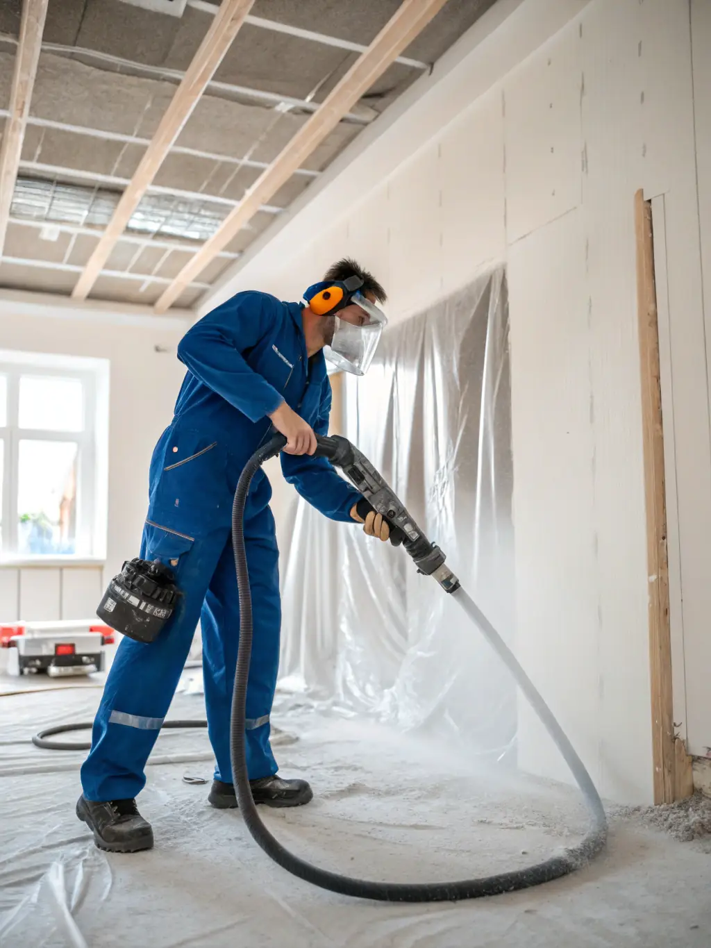 A painter using dust control equipment while sanding a wall, highlighting Northstarr's commitment to cleanliness and minimal disruption.
