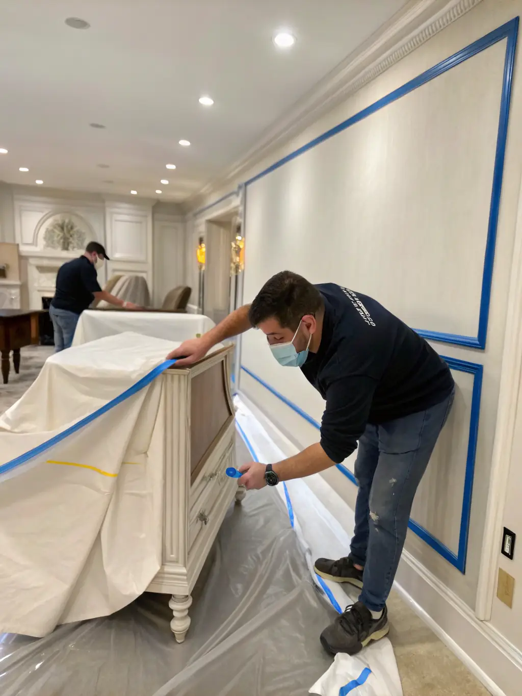 A painter carefully covering furniture with protective sheets before starting an interior painting job, emphasizing cleanliness and care.